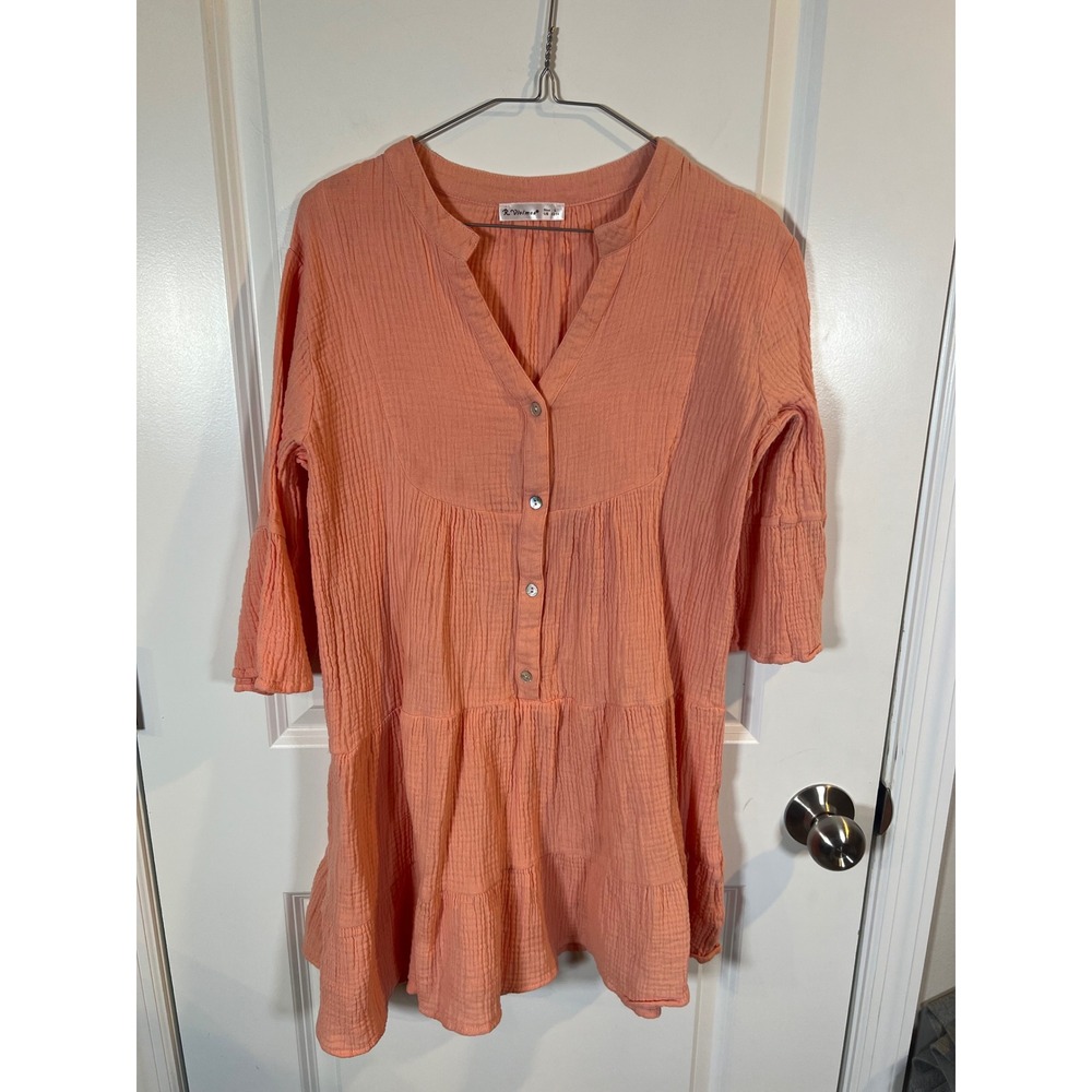 R.Vivimos Women Tunic Dress Tiered Cotton Gauze Peach Size‎ L